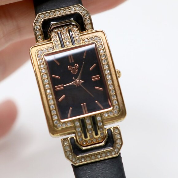 Disney Parks Mickey Mouse Analog Watch Art Deco Gold Black Leather Rhinestones - Picture 3 of 14